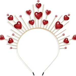 Heart Headband Valentines Day Headband for Women Girls Red Hearts Glitter Tiara Hairband Headpiece Holiday Party Favor Decor