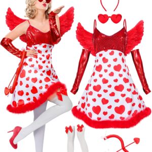 Twistover 8 Pcs Valentines Day Cupid Costume For Women Beautiful Heart Dress Wings Arrow and Bow Headband Stockings For Party
