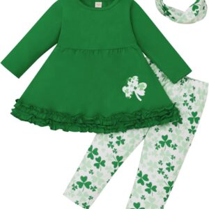 XFGLCK Toddler Kids Baby Girls St.Patrick’s Day Outfits Flare Tunic Long Sleeve Dress Shirt Shamrock Print Pants Scarf Sets