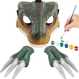 Hard Plastic Dino Mask, 3 in 1 with Claws and Paints, Dinosaur Costume for Furry Girls Boys, Dinosaur Toys with Sounds for Kids 3-5-7, Halloween Mask Costume, Christmas Birthday Gift for kids
