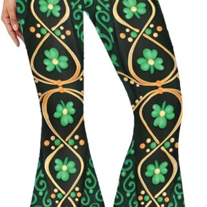 Seizesoul St Patrick’s Day Bell Bottom for Women Shamrock Clover Printed Flare Leg Pants